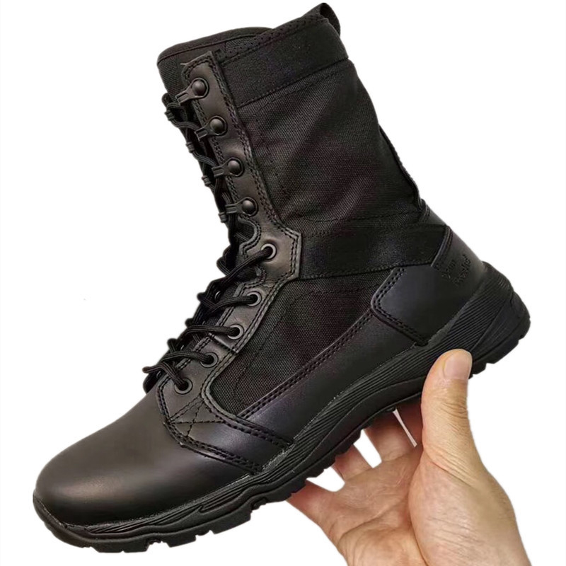 Black Lace Up Combat Military Leather Boots Light Breathable Non Slip